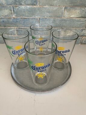 Corona Extra Pint Glasses with Yellow & Green Accents - Set of 4